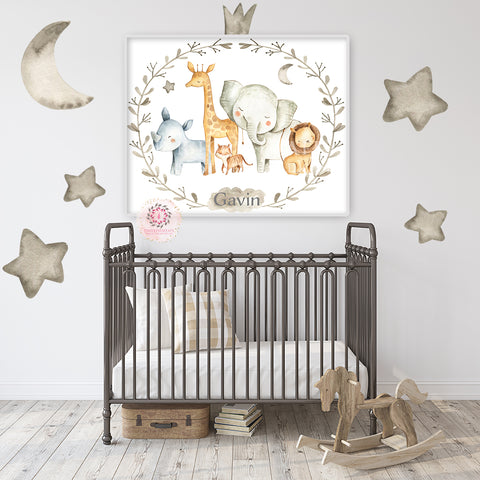 Moon Star Elephant Giraffe Lion Wall Art Print Nursery Ethereal Whimsical Zoo Safari Animal Personalized Printable Decor