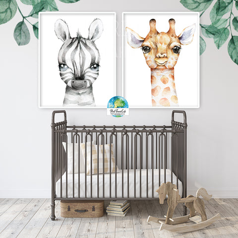 2 Giraffe Zebra Wall Art Print Nursery Zoo Baby Room Safari Watercolor Printable Decor