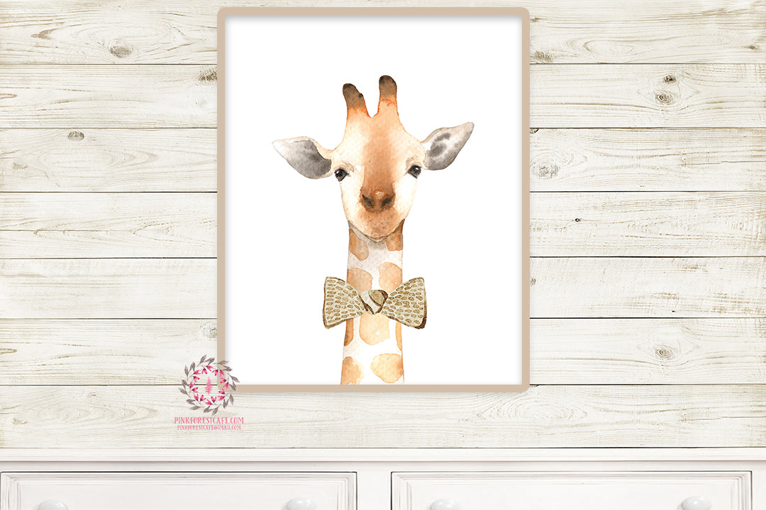 Giraffe Bow Nursery Wall Art Print Safari Zoo Print Watercolor Baby Room Kids Bedroom Decor