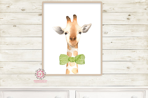 Giraffe Bow Nursery Wall Art Print Safari Zoo Print Watercolor Baby Room Kids Bedroom Decor