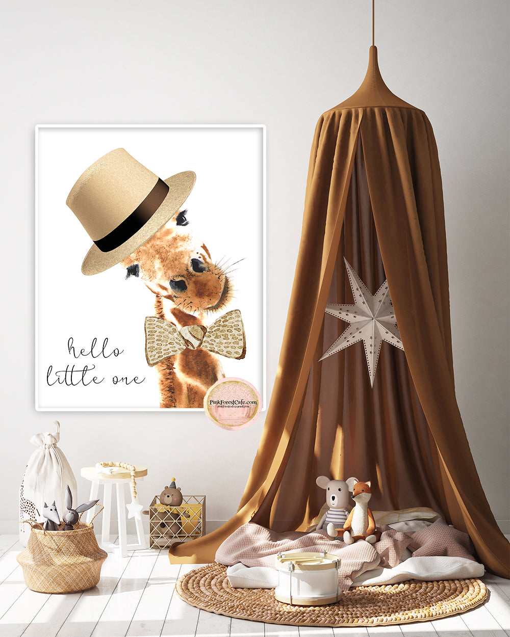 Bow Tie Dapper Hat Giraffe Wall Art Print Hello Little One Nursery Baby Boy Watercolor Room Zoo Animal Printable Decor