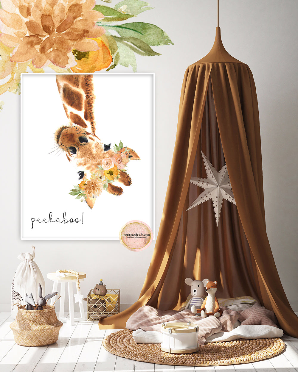 Boho Giraffe Peekaboo Wall Art Print Nursery Baby Girl Mustard Rust Watercolor Room Zoo Animal Printable Decor