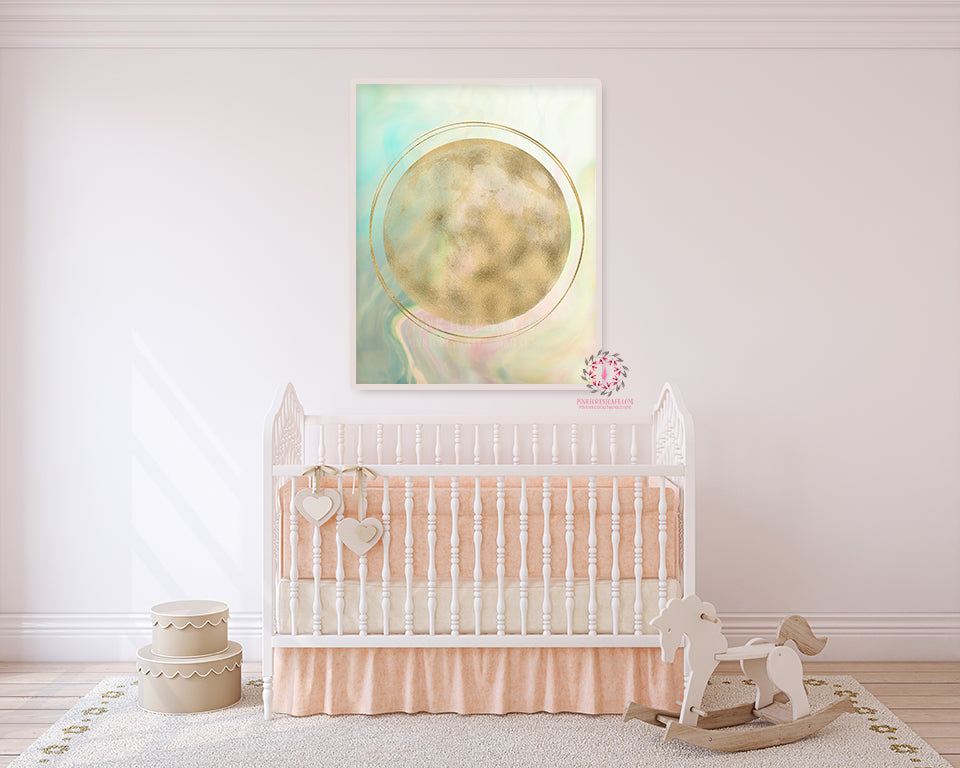 Gold Opal Moon Boho Nursery Wall Art Print Baby Girl Modern Ethereal Watercolor Printable Decor