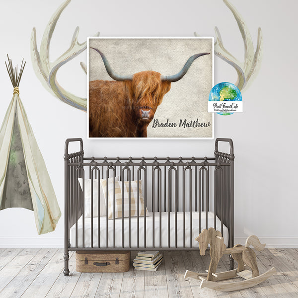 Highland Cow Wall Art Print Personalized Scottish Farm Nursery Baby Name Room Printable Decor