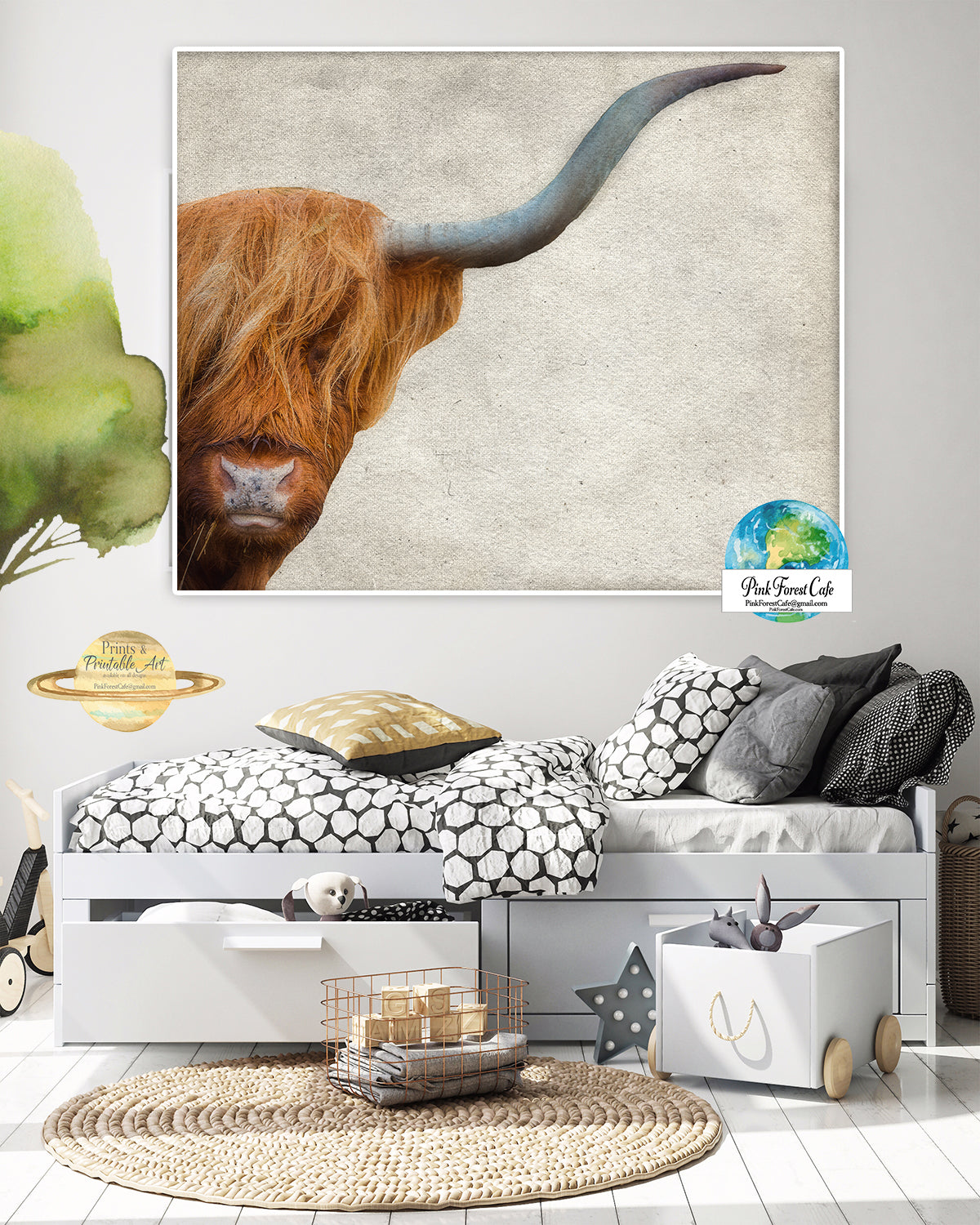 Highland Cow Wall Art Print Scottish Farm Nursery Baby Room Printable Decor