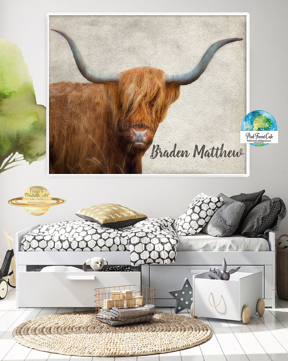 Highland Cow Wall Art Print Personalized Scottish Farm Nursery Baby Name Room Printable Decor