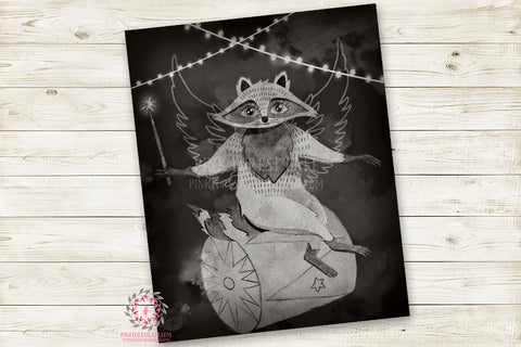 Monochrome Fox Nursery Wall Art Print Ethereal Amusement Park Woodland Black White Circus Rustic  "Harry Fox" Printable Watercolor Mystery Fantasy Magical Carnival Decor