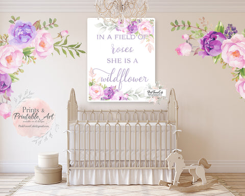 In A Field Of Roses She Is A Wildflower Purple Wall Art Print Baby Girl Boho Room Watercolor Floral Nursery Printable Decor