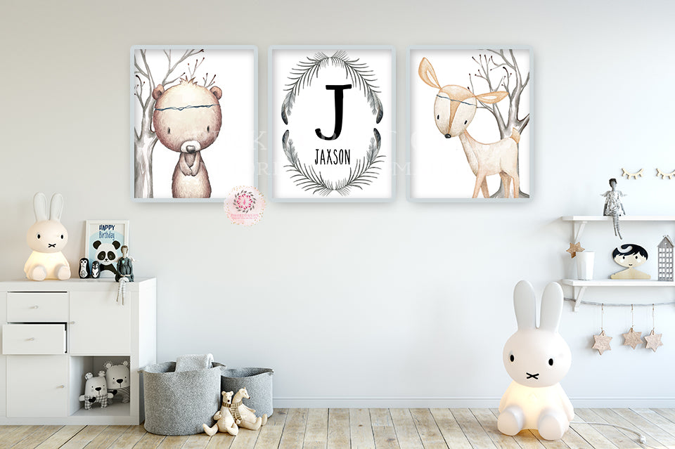 3 Deer Bear Personalized Baby Name Birth Stats Wall Art Print Printable Woodland Nursery Baby Boy Gender Neutral  Room Set Lot Prints Decor