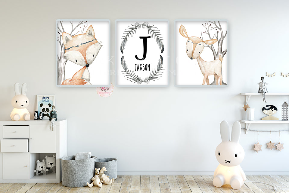 3 Deer Fox Personalized Baby Name Birth Stats Wall Art Print Printable Woodland Nursery Baby Boy Gender Neutral  Room Set Lot Prints Decor