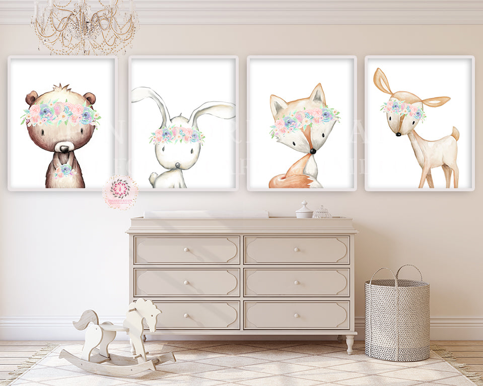 4 Deer Fox Bunny Rabbit Bear Boho Wall Art Print Woodland Bohemian Floral Nursery Baby Girl Room Set Lot Prints Printable Decor