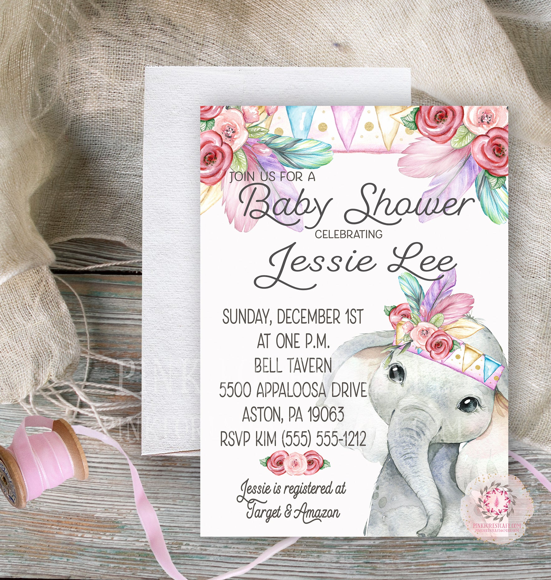 Boho Elephant Invite Invitation Baby Shower Feather Floral Watercolor Birth Announcement Printable