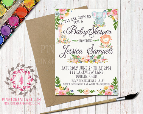 Zoo Animal Boho Baby Shower Birthday Party Invitation Announcement Elephant Giraffe Lion Invite Watercolor Floral Printable