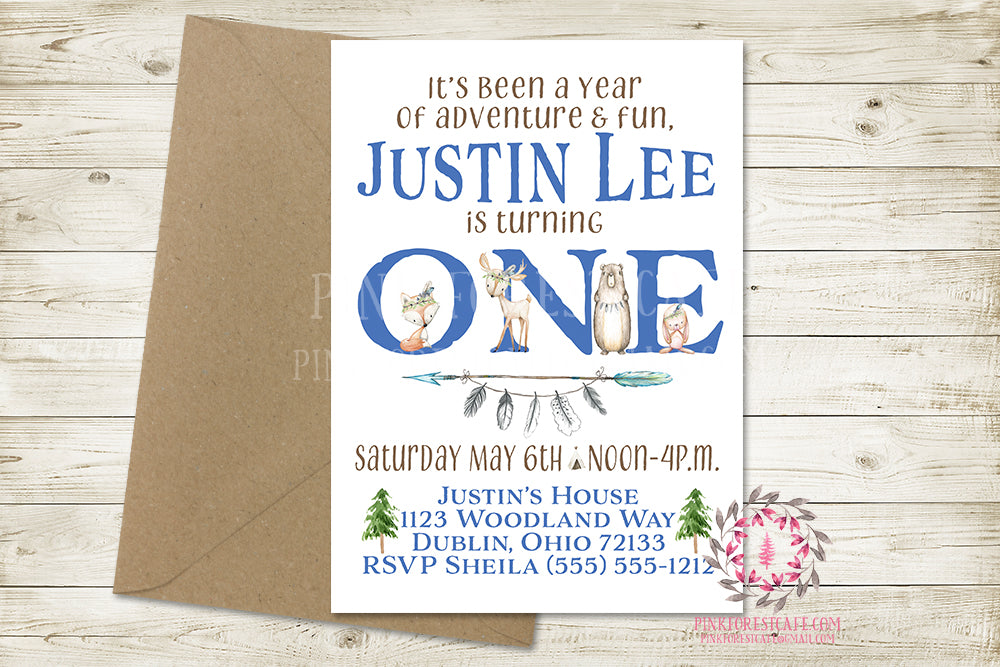 Woodland 1st First Birthday Birthday Party Invite Invitation Tribal Feather Boho Baby Boy Deer Bunny Fox Bear Watercolor Printable