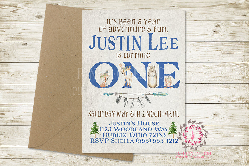 Woodland 1st First Birthday Birthday Party Invite Invitation Tribal Feather Boho Baby Boy Deer Bunny Fox Bear Watercolor Printable