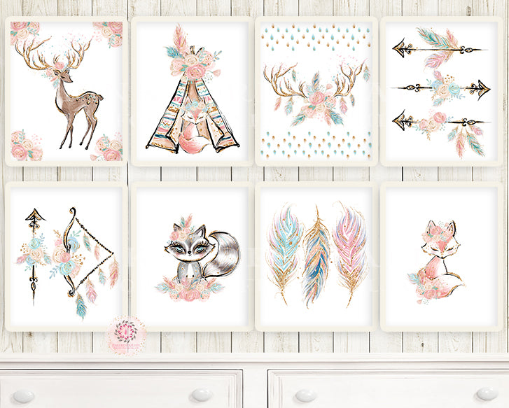 SALE 8 Deer Fox Raccoon Woodland Wall Art Print Boho Teepee Feather Prints Floral Nursery Baby Girl Room Set Lot Printable Decor