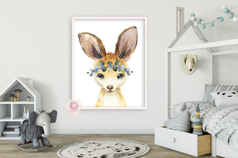 Kangaroo Australian Wall Art Print Aussie Animal Baby Boy Watercolor Floral Nursery Room Printable Decor