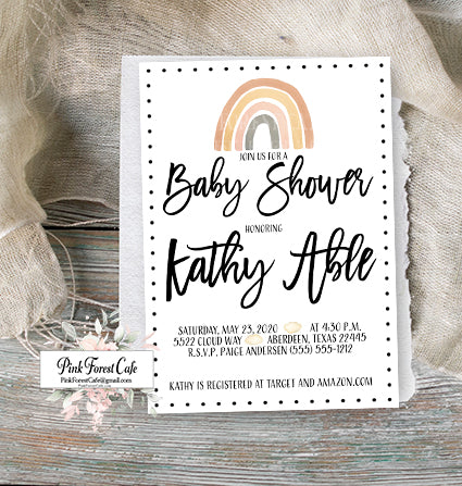 Boho Rainbow Invite Invitation Baby Shower Watercolor Birth Announcement Printable