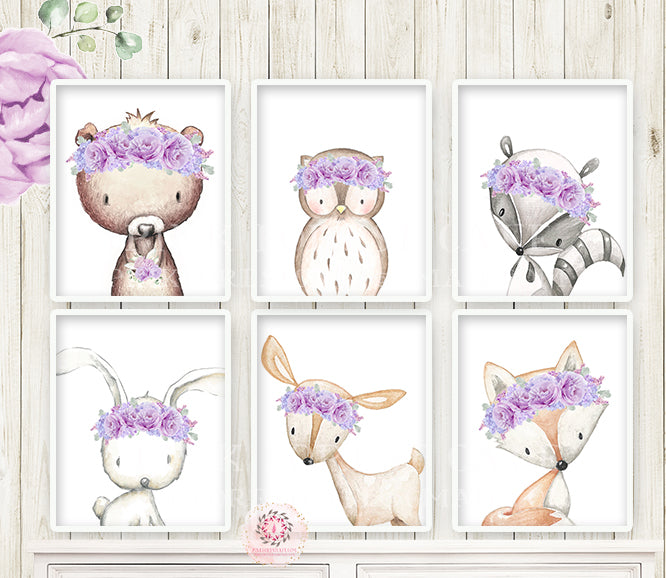 6 Bunny Bear Deer Fox Woodland Wall Art Print Boho Bohemian Purple Floral Nursery Baby Girl Room Lot Set Prints Printable Decor