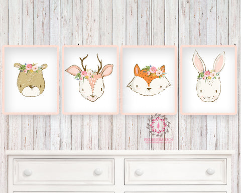 SALE 4 Deer Bear Bunny Rabbit Fox Wall Art Print Woodland Boho Bohemian Floral Nursery Baby Girl Room Set Lot Prints Printable Decor