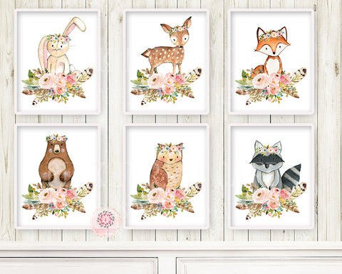 Bunny Bear Deer Wall Art Print Fox Woodland Boho Bohemian Feather Floral Nursery Baby Girl Room Lot Set 6 Prints Printable Decor