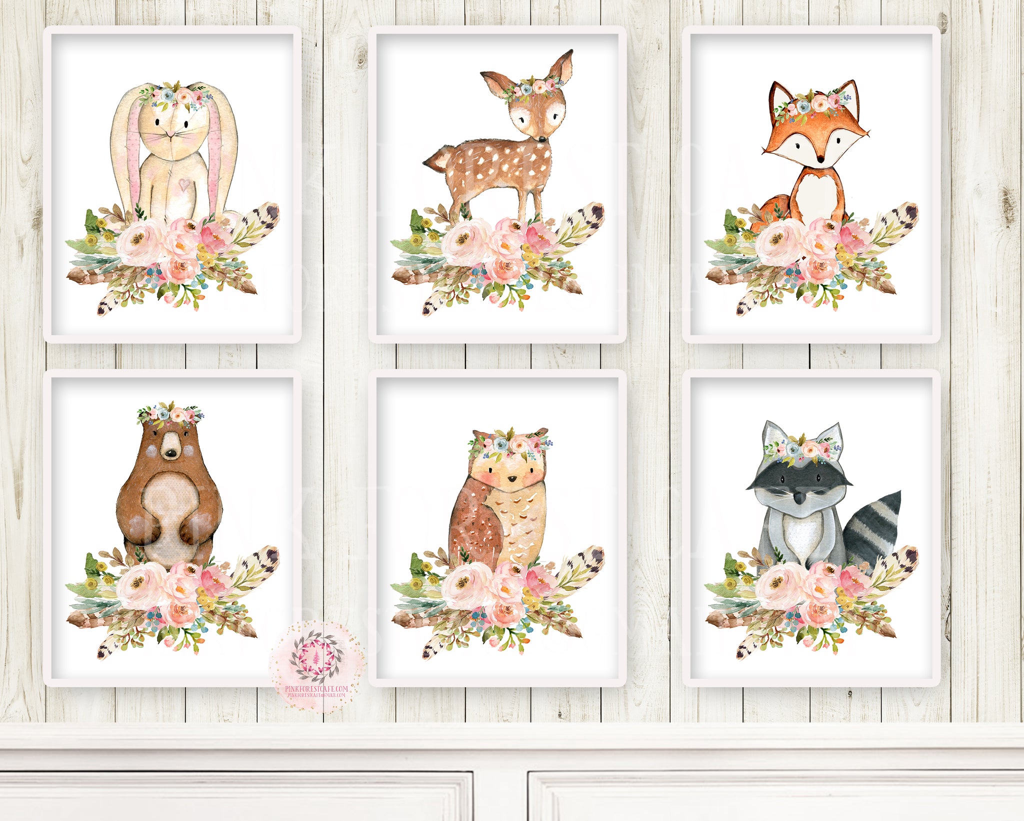 Bunny Bear Deer Wall Art Print Fox Woodland Boho Bohemian Feather Floral Nursery Baby Girl Room Lot Set 6 Prints Printable Decor