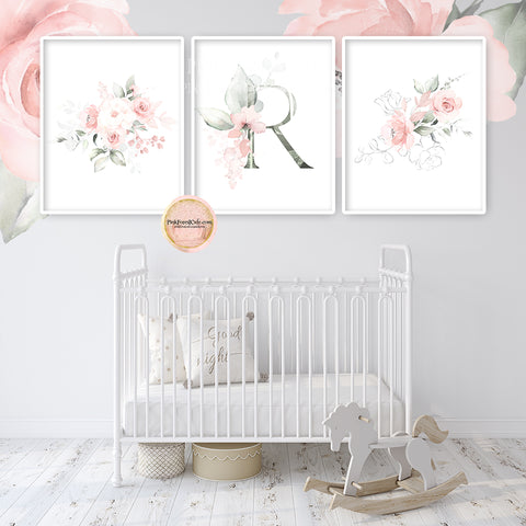 3 Boho Baby Monogram Initial Personalized Wall Art Print Initials Blush Cream Pink Watercolor Floral Girl Nursery Printable Decor