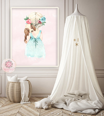 Little Girl Puppy Dog Wall Art Print Woodland Feather Nursery Baby Room Blush Floral Bohemian Watercolor Set Prints Printable Decor