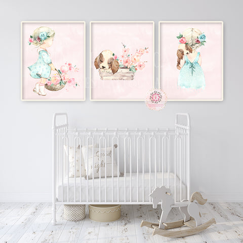 Little Girl Puppy Dog Wall Art Print Nursery Baby Room Blush Floral Bohemian Watercolor Set Prints Printable Decor