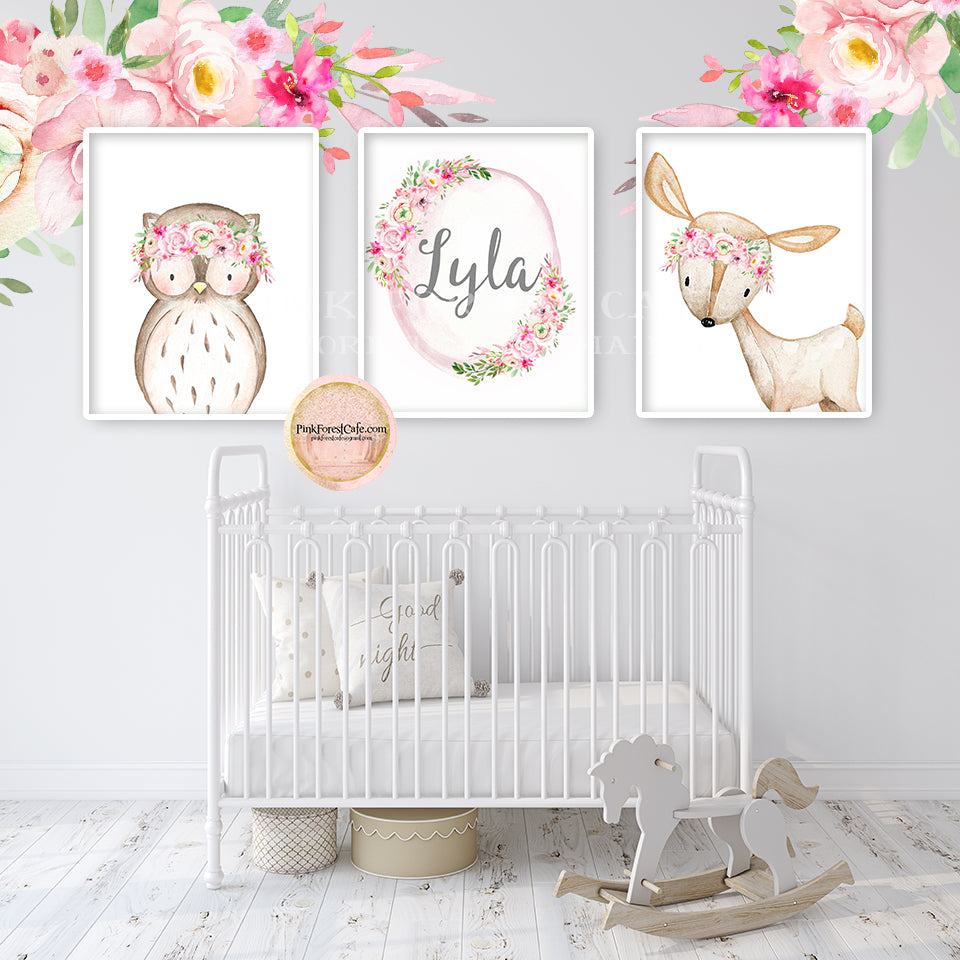 3 Boho Deer Owl Baby Name Wall Art Print Woodland Nursery Baby Girl Room Set Lot Watercolor Personalized Birth Stats Prints Printable Decor