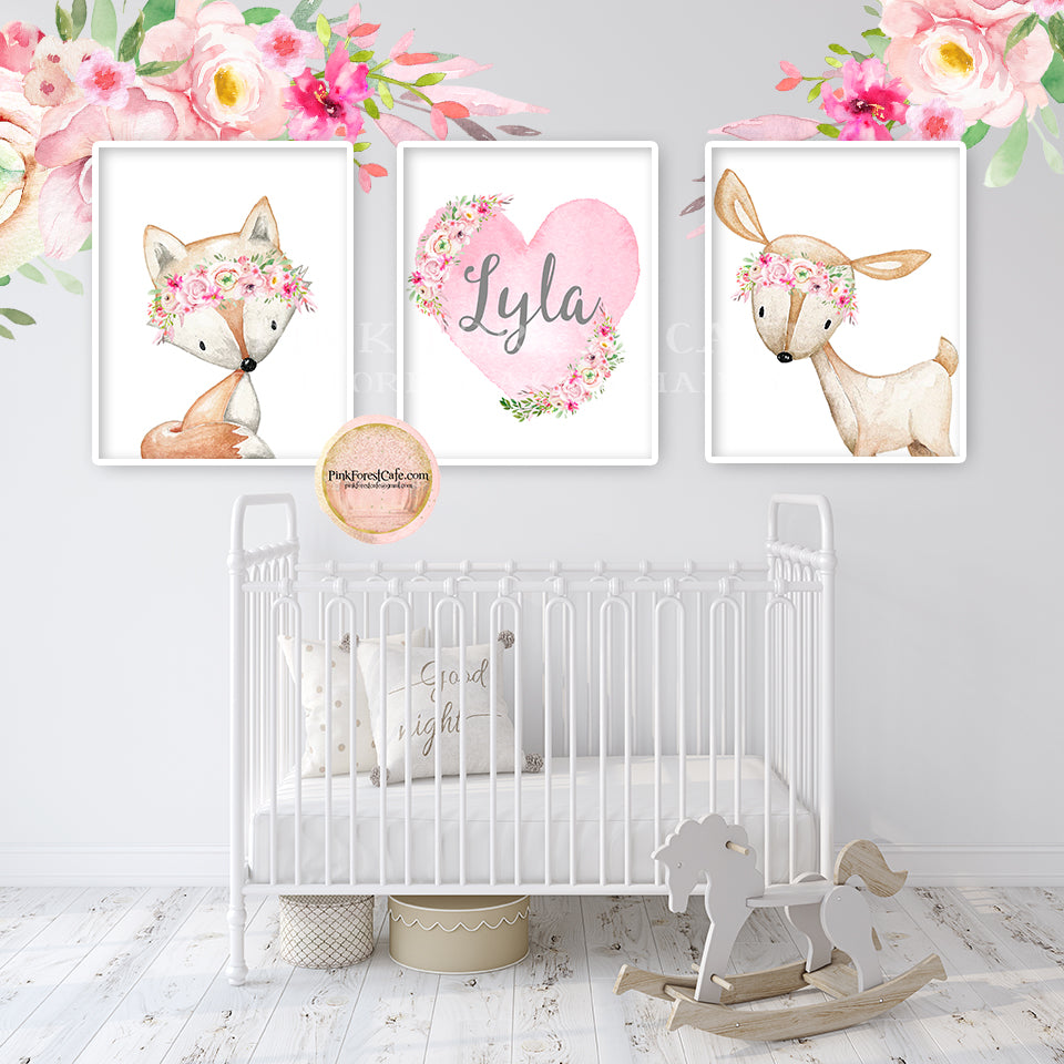 3 Boho Deer Fox Baby Name Wall Art Print Woodland Nursery Baby Girl Room Set Lot Watercolor Personalized Birth Stats Prints Printable Decor