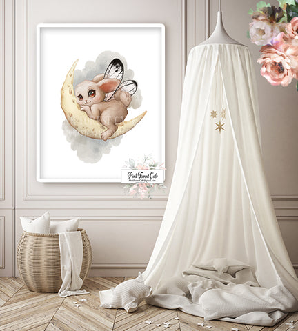 Bunny Rabbit Moon Wall Art Print Baby Nursery Ethereal Woodland Watercolor Whimsical Printable Décor