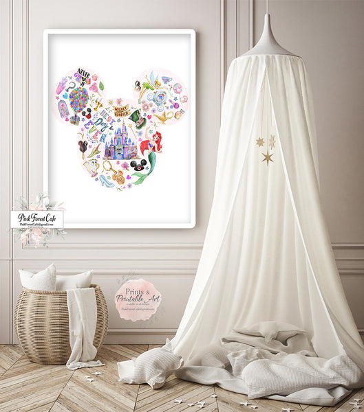 Minnie Mouse Magic Kingdom Disney Wall Art Print Boho Nursery Baby Girl Watercolor Room Printable Décor