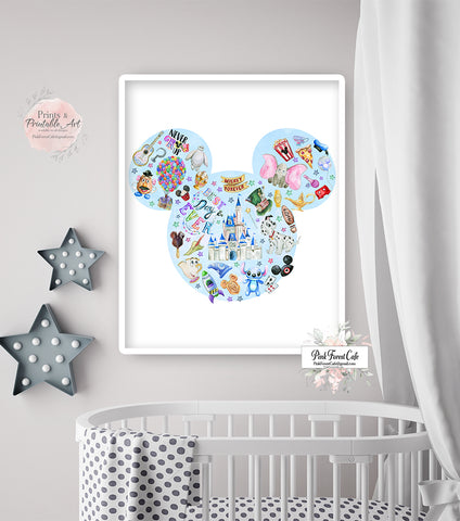 Mickey Mouse Magic Kingdom Disney Wall Art Print Boho Nursery Baby Boy Watercolor Room Printable Décor