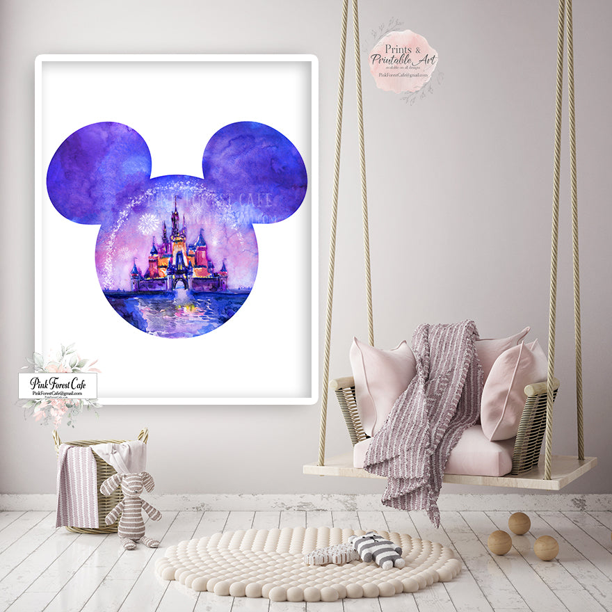 Minnie Mouse Magic Kingdom Disney Wall Art Print Boho Nursery Baby Girl Watercolor Room Printable Décor