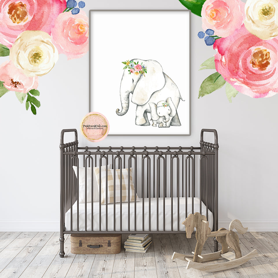 Boho Elephant Wall Art Print Baby Girl Nursery Whimsical Zoo Animal Watercolor Printable Decor