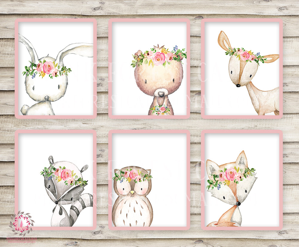 6 Deer Fox Bunny Rabbit Bear Owl Raccoon Boho Wall Art Print Woodland Bohemian Floral Nursery Baby Girl Room Set Lot Prints Printable Decor