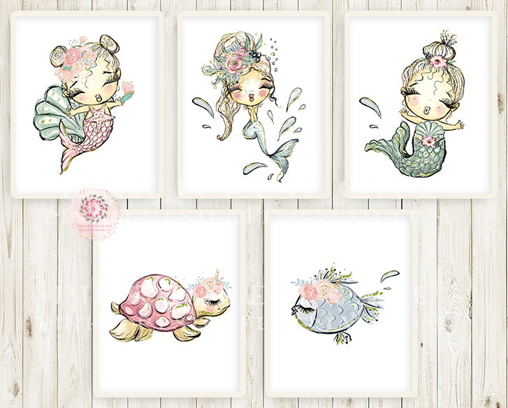 5 Mermaid Turtle Fish Nursery Wall Art Print Ethereal Under The Sea Whimsical Bohemian Floral Baby Girl Printable Decor