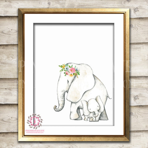 Elephant Boho Watercolor Bohemian Mama Baby Zoo Animal Safari Nursery Kids Baby Room Playroom Print Printable Wall Poster Art Home Decor