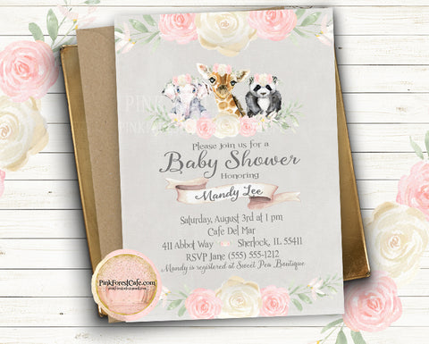 Elephant Giraffe Panda Bear Invite Invitation Baby Shower Boho Floral Watercolor Birth Announcement Printable