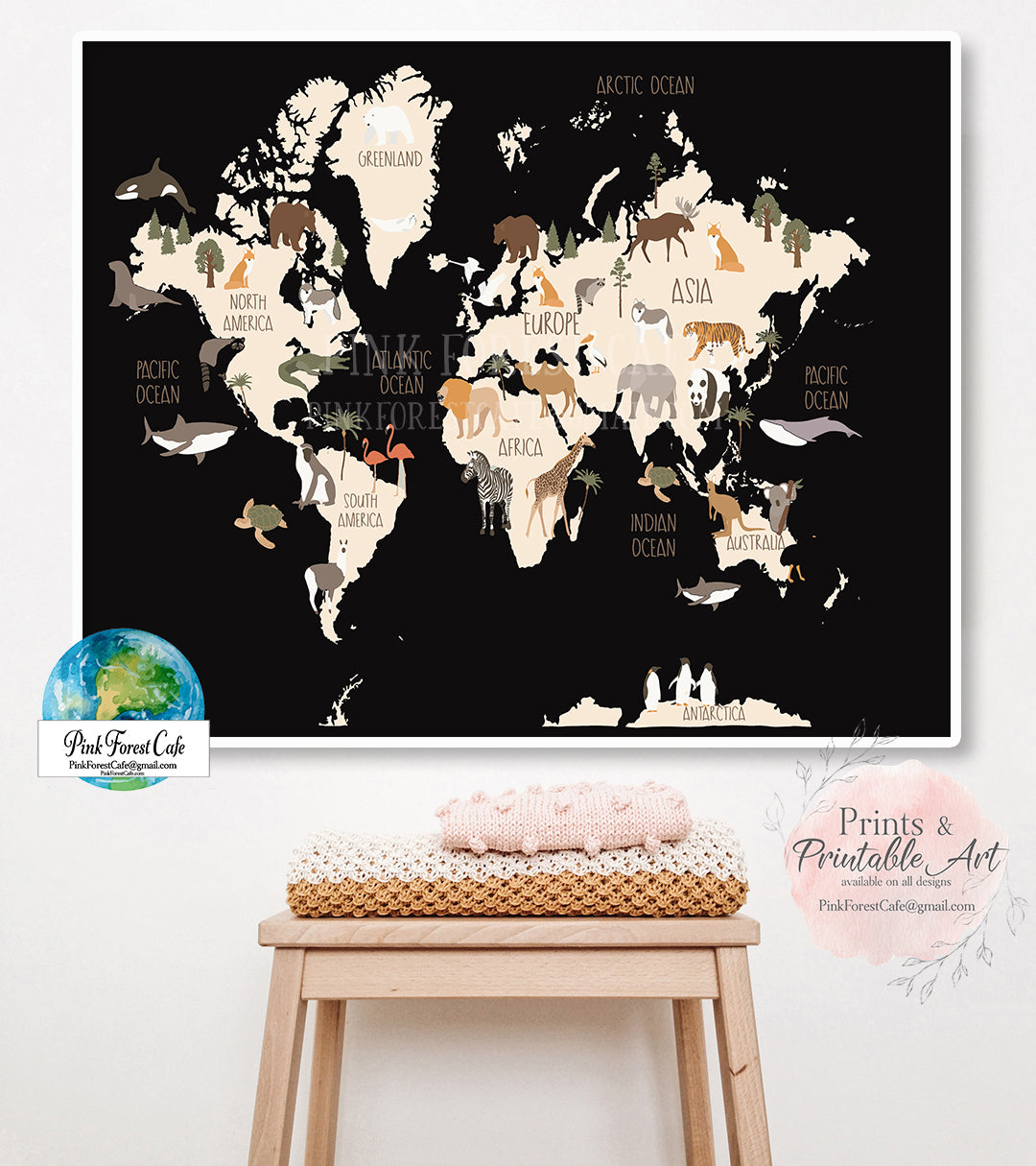 Boho World Map Zoo Animal Wall Art Print Baby Kids Gender Neutral Nursery Room Printable Decor