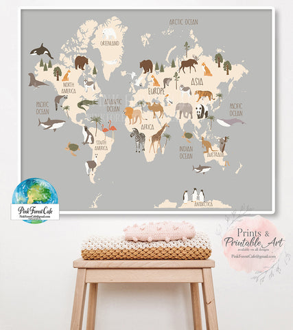 Boho World Map Zoo Animal Wall Art Print Baby Kids Gender Neutral Nursery Room Printable Decor