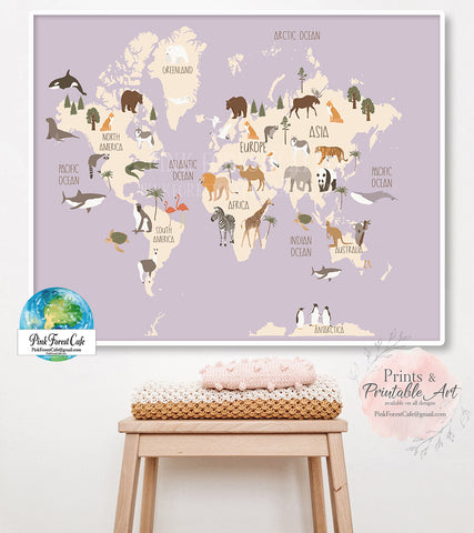 Boho World Map Zoo Animal Wall Art Print Purple Baby Girl Nursery Room Printable Decor