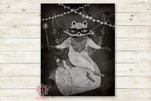 Monochrome Fox Nursery Wall Art Print Ethereal Amusement Park Woodland Black White Circus Rustic  "Harry Fox" Superhero Printable Watercolor Mystery Fantasy Magical Carnival Decor