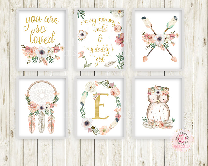 6 Boho Wall Art Print Owl Nursery Baby Girl Room Set Personalized Printable Bohemian Print Woodland Decor