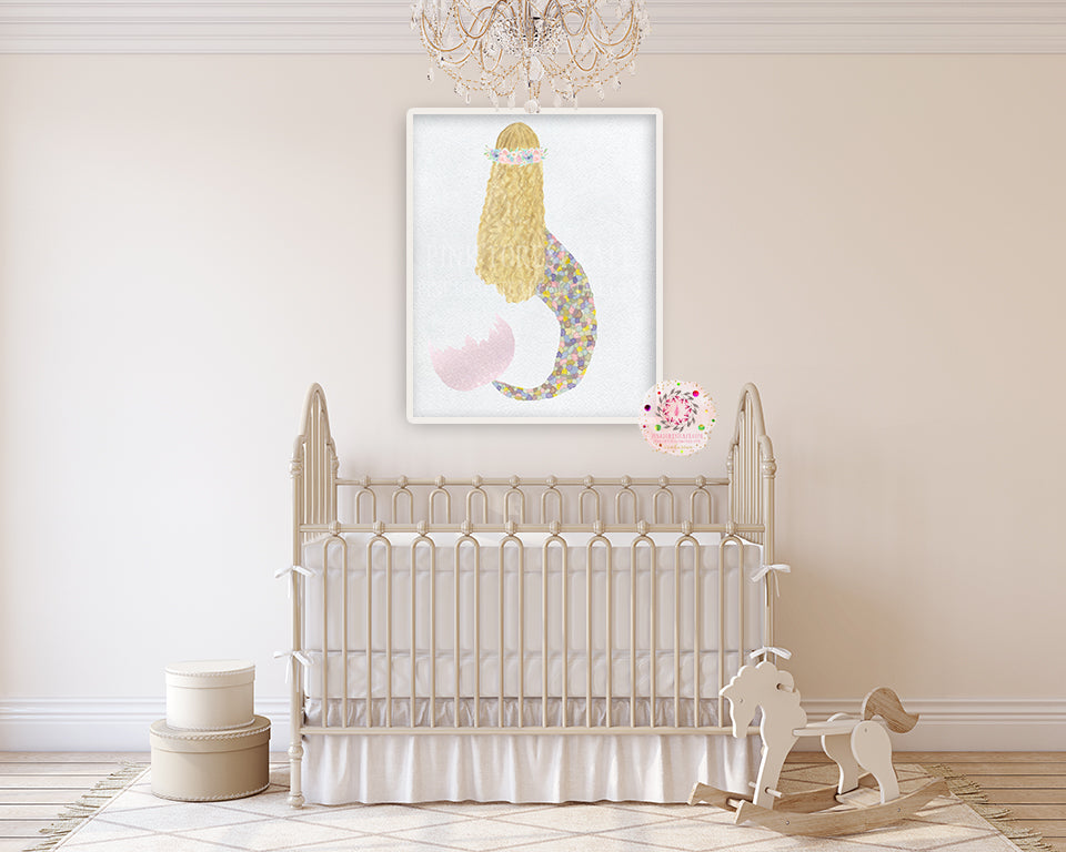 Ethereal Mermaid Boho Woodland Wall Art Print Watercolor Baby Girl Nursery Printable Decor