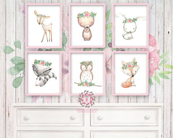 6 Deer Fox Bunny Rabbit Bear Owl Raccoon Boho Wall Art Print Woodland Mint Pink Aqua Bohemian Floral Nursery Baby Girl Room Printable Prints Decor