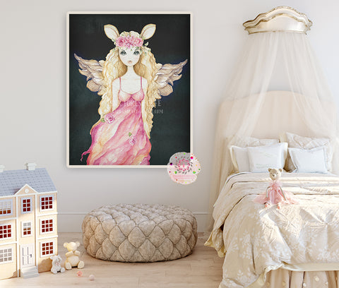 Exclusive Ethereal Boho Girl Nursery Wall Art Print Baby Room "Miss Arabella" Deer Watercolor Magical Printable Decor