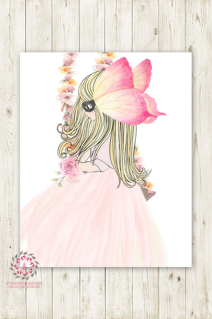 Ethereal Boho Girl On Swing Nursery Wall Art Print Baby Room "Miss Butterfly" Superhero Watercolor Magical Printable Decor