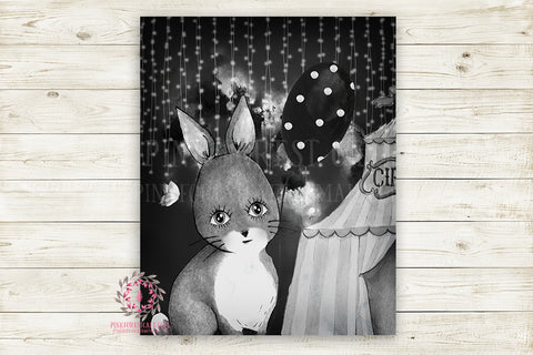 Bunny Rabbit Monochrome Circus Nursery Wall Art Print Ethereal " Miss Jessica" Black White Printable Watercolor Mystery Fantasy Magical Carnival Decor